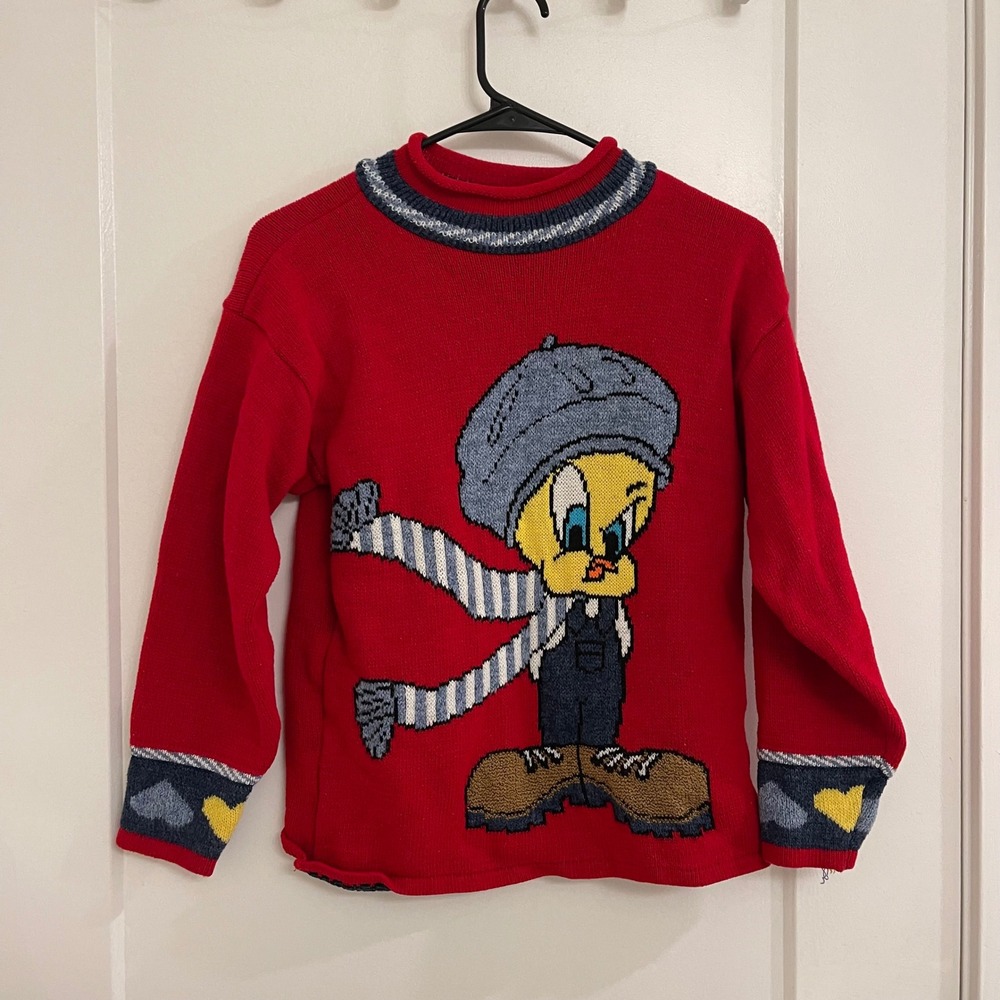 Vintage Looney Tunes 1993 Tweety Bird Sweater Red Fall Hearts Character